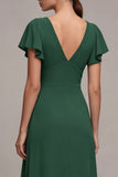Dark Green  A Line V-Neck High Low Evening Dress
