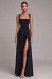Black A Line Square Neck Long Evening Dress with Slit