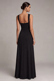 Black A Line Square Neck Long Evening Dress with Slit