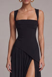 Black A Line Square Neck Long Evening Dress with Slit