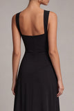 Black A Line Square Neck Long Evening Dress with Slit