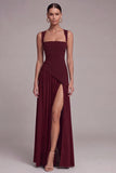 Black A Line Square Neck Long Evening Dress with Slit