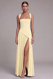 Black A Line Square Neck Long Evening Dress with Slit