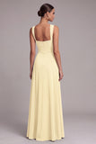 Black A Line Square Neck Long Evening Dress with Slit