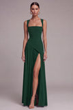 Black A Line Square Neck Long Evening Dress with Slit