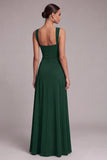 Black A Line Square Neck Long Evening Dress with Slit