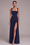 Black A Line Square Neck Long Evening Dress with Slit