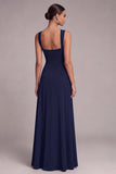 Black A Line Square Neck Long Evening Dress with Slit