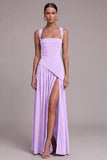 Black A Line Square Neck Long Evening Dress with Slit