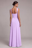 Black A Line Square Neck Long Evening Dress with Slit