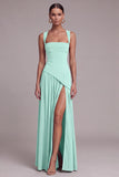 Black A Line Square Neck Long Evening Dress with Slit