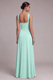 Black A Line Square Neck Long Evening Dress with Slit