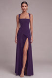 Black A Line Square Neck Long Evening Dress with Slit