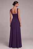 Black A Line Square Neck Long Evening Dress with Slit