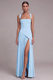 Black A Line Square Neck Long Evening Dress with Slit