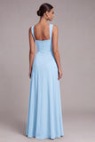 Black A Line Square Neck Long Evening Dress with Slit