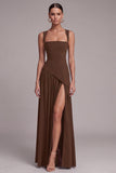 Black A Line Square Neck Long Evening Dress with Slit