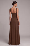 Black A Line Square Neck Long Evening Dress with Slit