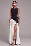 Black and White A Line Round Neck Long Evening Dress with Slit