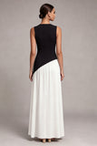 Black and White A Line Round Neck Long Evening Dress with Slit