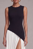 Black and White A Line Round Neck Long Evening Dress with Slit