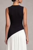 Black and White A Line Round Neck Long Evening Dress with Slit
