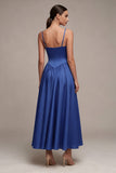 Royal Blue A Line Satin Spaghetti Straps Long Evening Dress