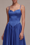 Royal Blue A Line Satin Spaghetti Straps Long Evening Dress