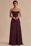 Burgundy Strapless Line Long Evening Dress