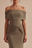 Off the Shoulder Mermaid Khaki Ruched Long Evening Dress