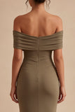 Off the Shoulder Mermaid Khaki Ruched Long Evening Dress