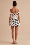 Off The Shoulder White Black Polka Dots A Line Graduation Dress