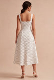 White and Black Thick Straps A Line Midi Polka Dots Dress