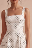 White and Black Thick Straps A Line Midi Polka Dots Dress