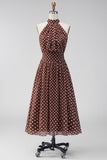 Coffee White Halter Neck A-Line Chiffon Backless Midi Polka Dots Dress