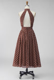 Coffee White Halter Neck A-Line Chiffon Backless Midi Polka Dots Dress