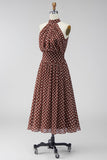 Coffee White Halter Neck A-Line Chiffon Backless Midi Polka Dots Dress