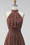 Coffee White Halter Neck A-Line Chiffon Backless Midi Polka Dots Dress