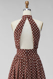 Coffee White Halter Neck A-Line Chiffon Backless Midi Polka Dots Dress
