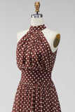 Coffee White Halter Neck A-Line Chiffon Backless Midi Polka Dots Dress