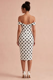 Bodycon White and Black Keyhole Off the Shoulder Midi Polka Dots Dress