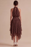 Coffee and White High Neck A Line Asymmetrical Polka Dots Dress