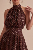 Coffee and White High Neck A Line Asymmetrical Polka Dots Dress