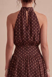 Coffee and White High Neck A Line Asymmetrical Polka Dots Dress