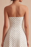 White and Black Strapless A Line Midi Polka Dots Dress