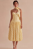 Yellow and Black A Line Midi Strapless Polka Dots Dress