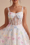 Corset Floral White Midi Thick Straps Beaded A Line Graduation Dress
