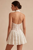 Floral Ivory Halter Keyhole Lace Short A Line Graduation Dress