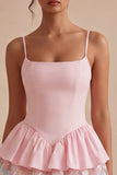 Pink A Line Short Floral Spaghetti Straps Graduation Dress with Ruffles