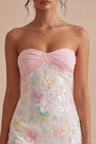 Sparkly Pink and White Floral Tight Mini Strapless Beaded Graduation Dress